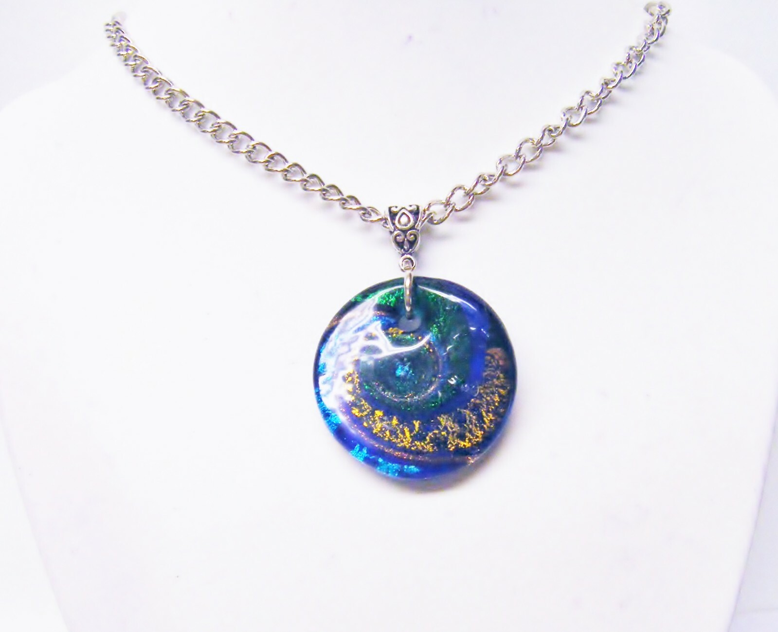 Round Green/Blue/Black & Gold Swirl Pendant Necklace