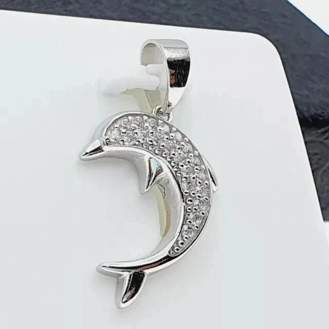 1.00Ct Round Simulated Diamond Dolphin Pendant 18″Necklace 14K White Gold Plated