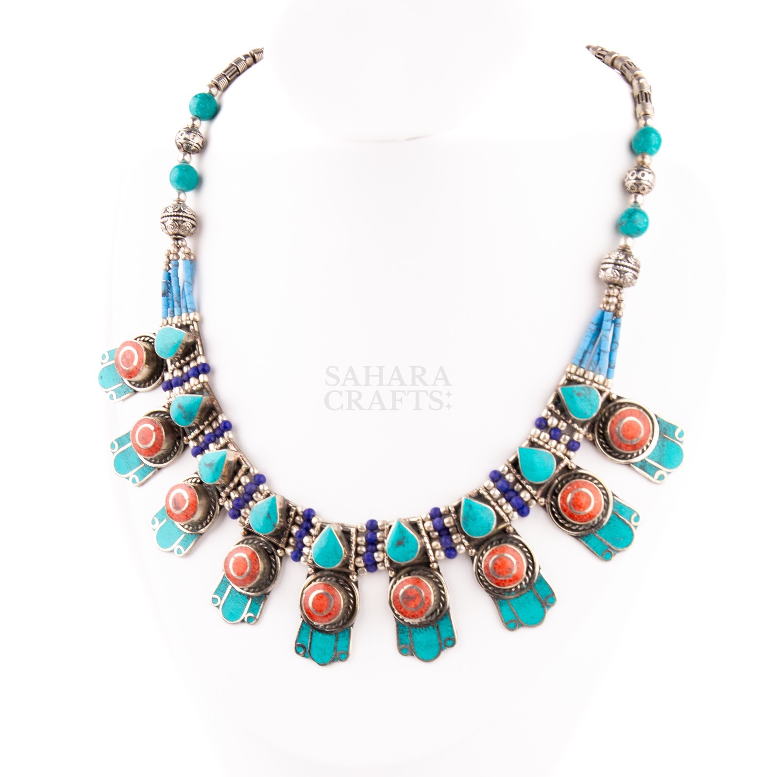 Traditional Tibetan Turquoise Coral Lapis Necklace, Handmade Ethnic Tribal