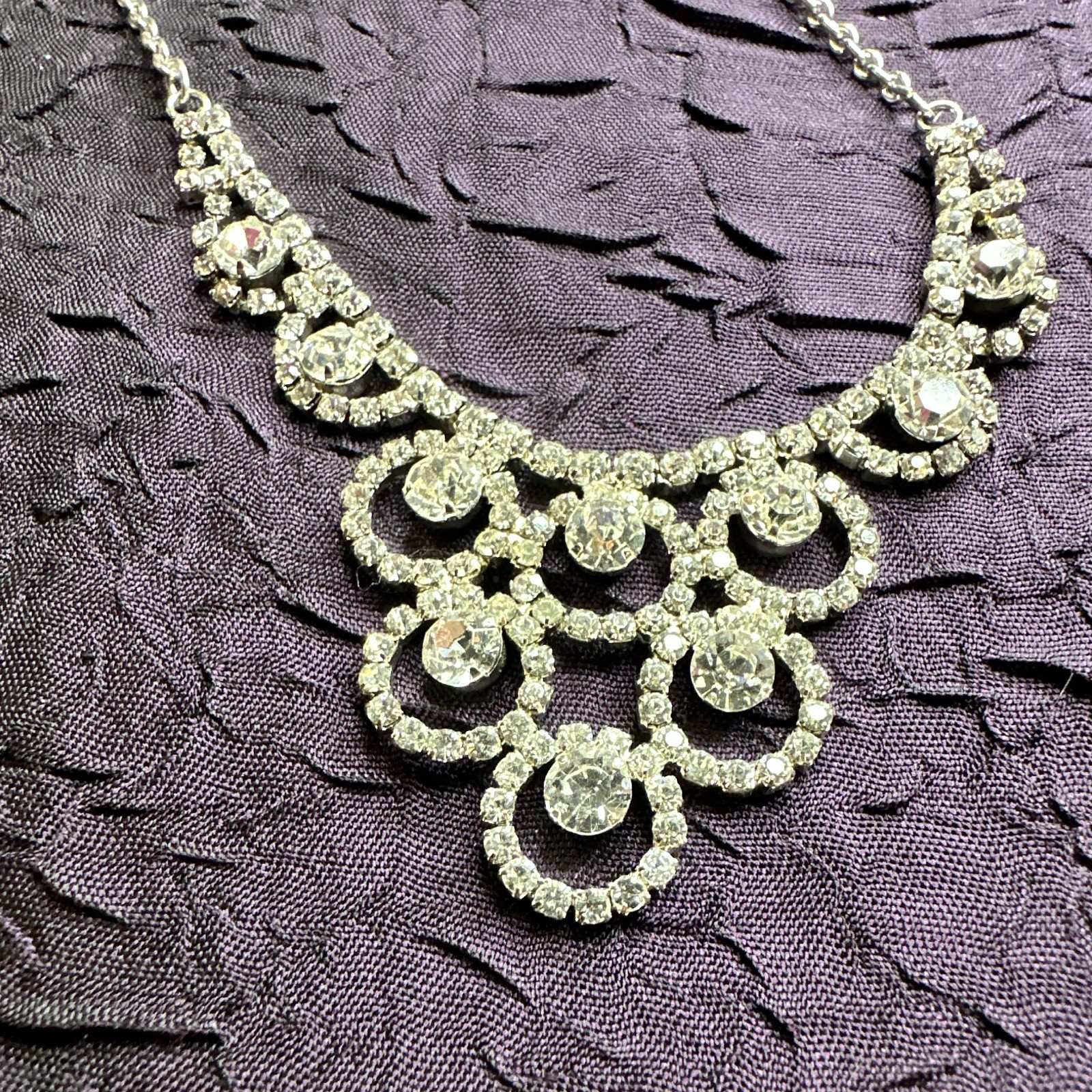 Silver Tone Clear Crystal Rhinestone Bib Statement Necklace Adjustable Lobster