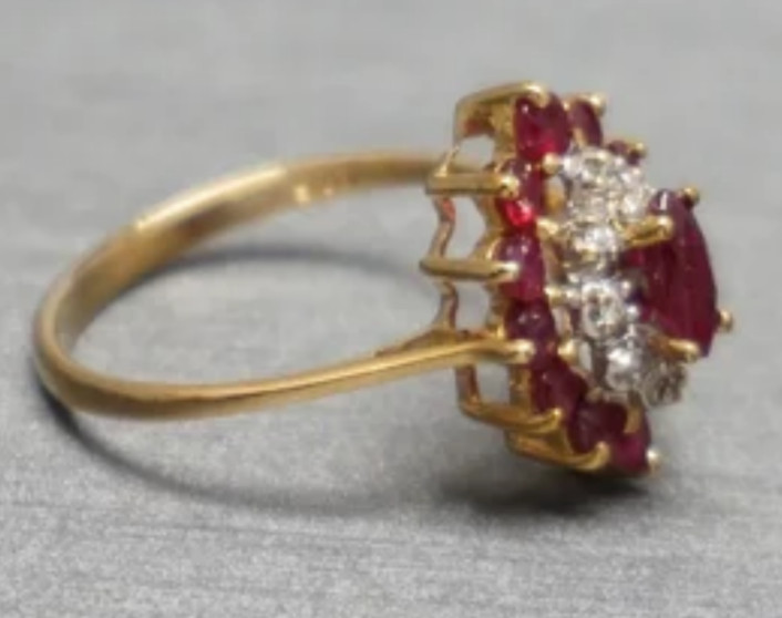 Vintage 14KP (Plumb) Woman’s Yellow Gold Ring Diamonds & Red Rubies 2.6g Size 8