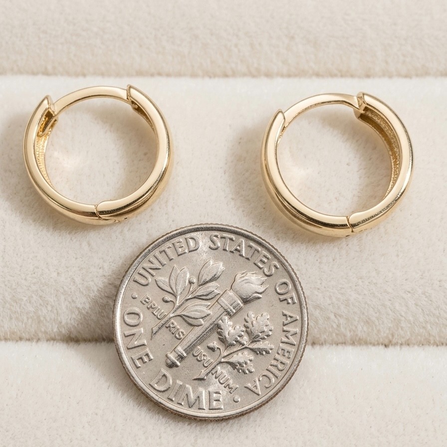 10K Yellow Gold Wide Huggie Hoop Earrings 13mm x 5mm High Polish Clicker