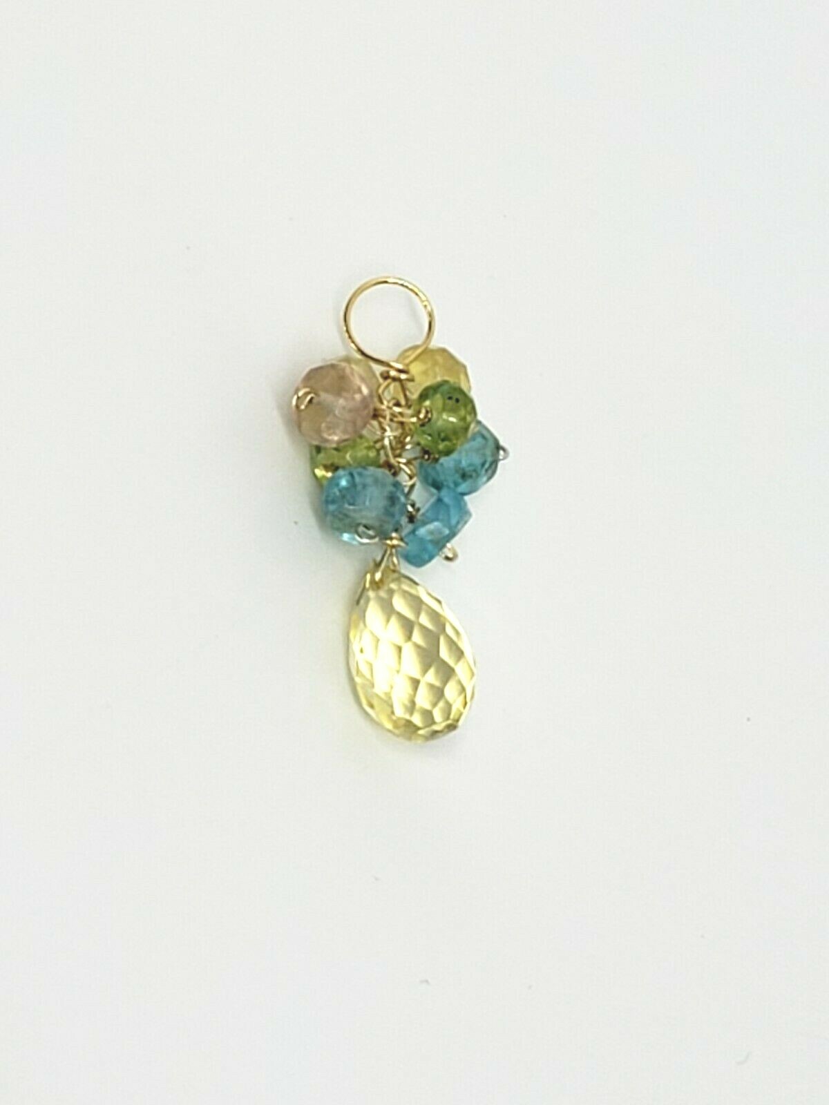 14k Yellow Gold Lemon Quartz Briolette Peridot Fluorite Cluster Drop Pendant