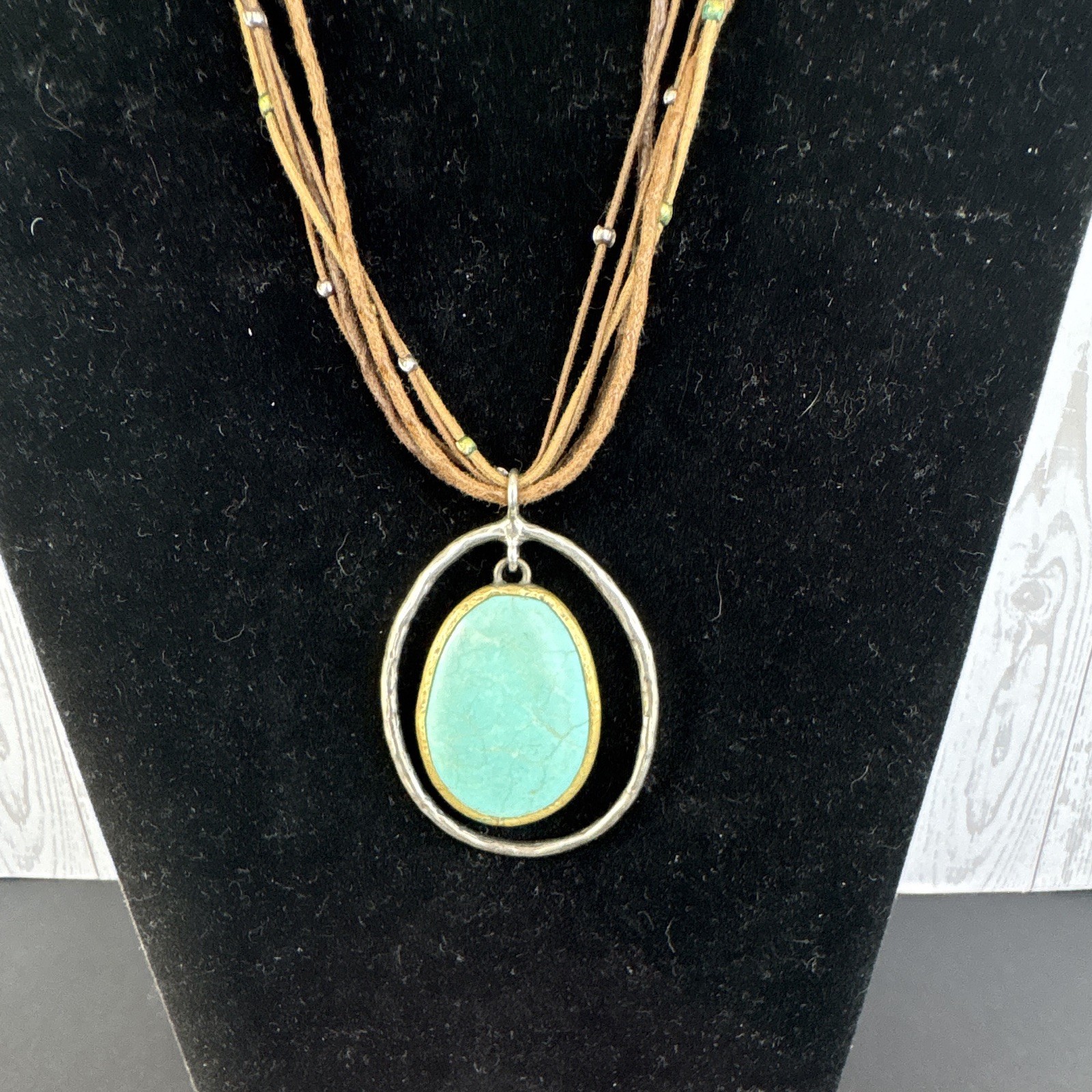 Silpada Brown Leather Cord Multi-Strand Necklace Turquoise Oval Bezel Charm