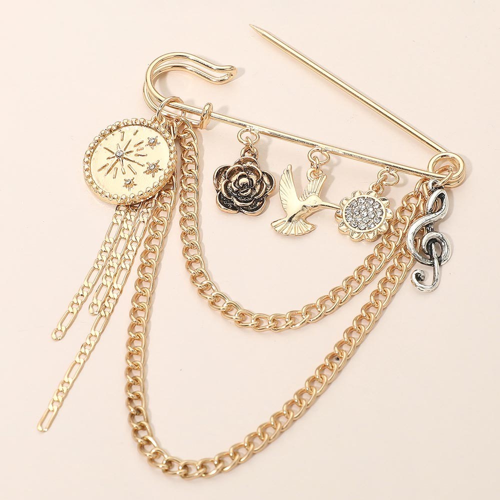 Gold Tone Safety Pin Brooch Bird Flower Music Note Chain Tassel Charm Pin Gift