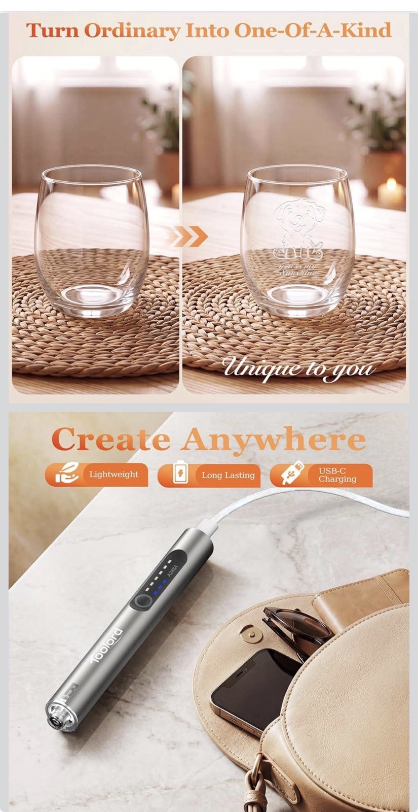 ABITAKE Cordless Engraving Pen LED Light USB Rechargeable Silver Craft Tool