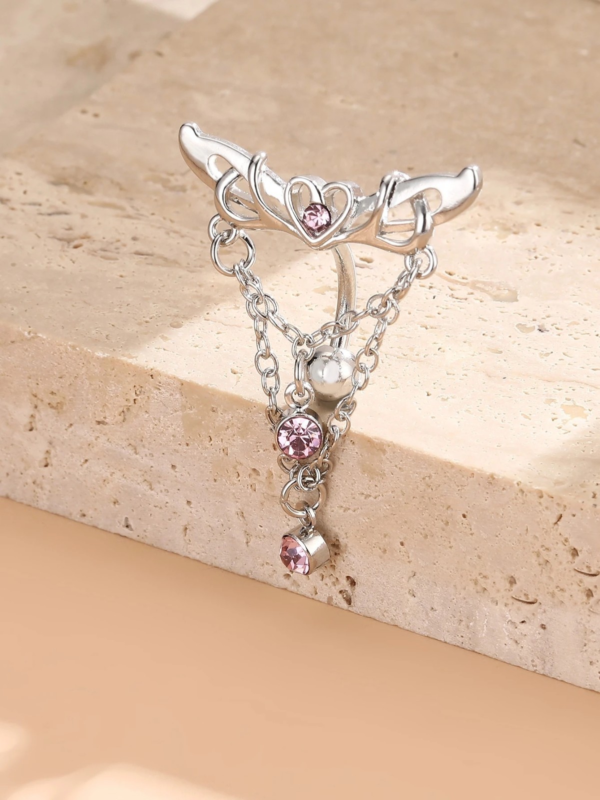 Rhinestone Heart Wing Dangle Belly Button Ring Stainless Steel Navel Piercing