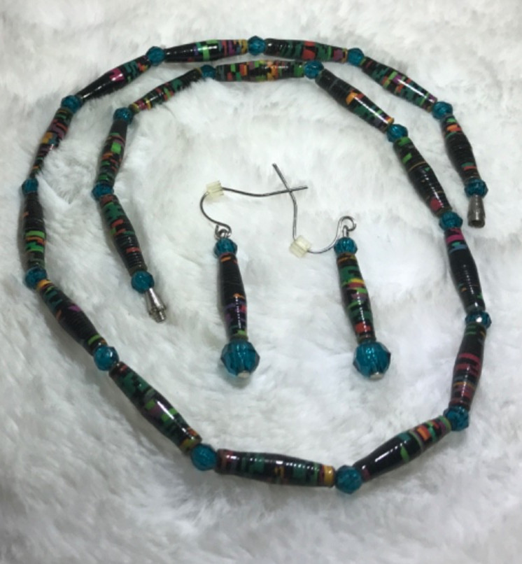 Artisan Unique Rolled Varnished Tube Paper Earrings Necklace Set