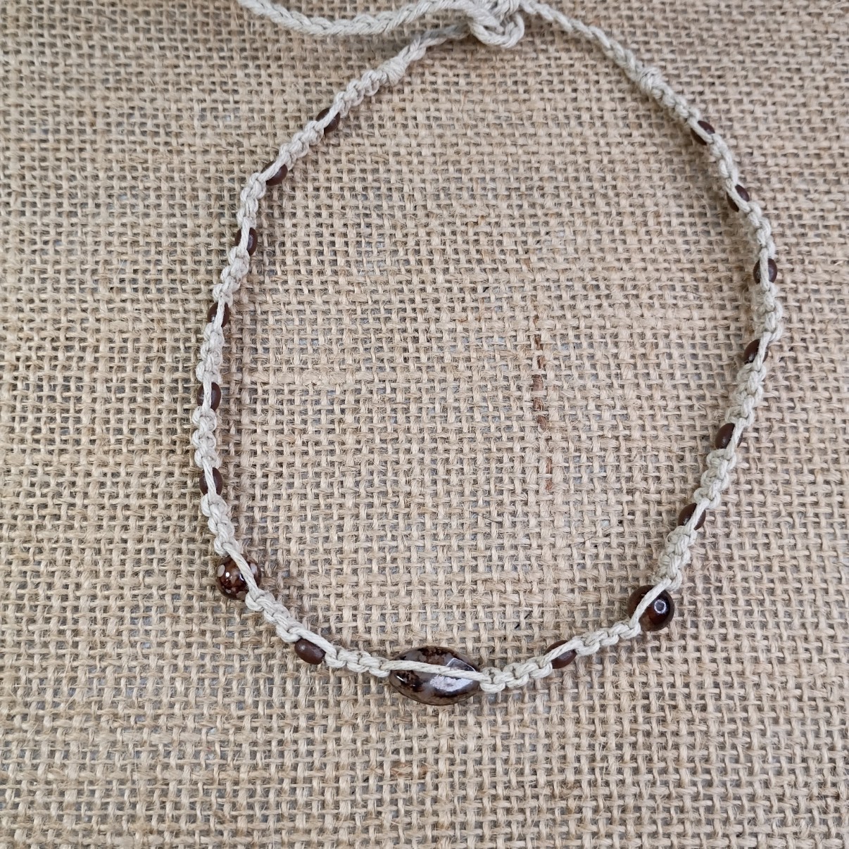 New Natural Hemp Choker Necklace W/ Mixed Brown Beads 13-18 in Tie-On Macrame