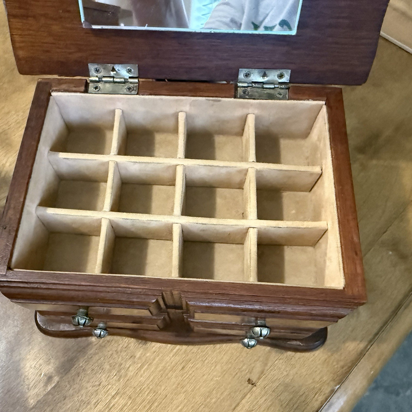 Vintage Mele Wooden Flip Top Jewelry Box Table Top