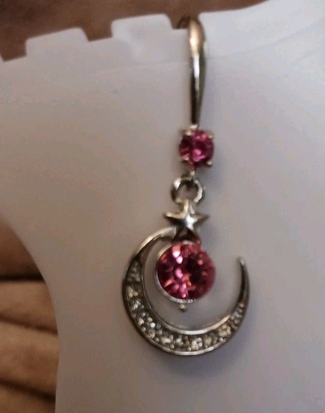 Womens Fashion Earrings Pink Crystal Crescent Moon Dangle Drop Hook Costume