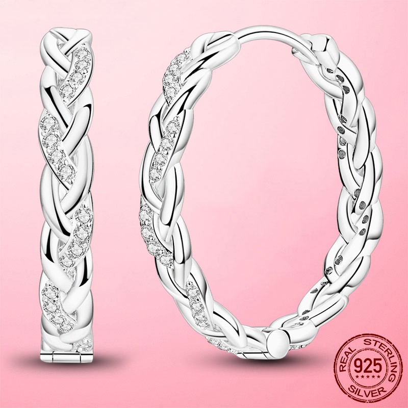 LAZA Original Sparkling Woven 925 Sterling Silver Hoop Earrings CZ Women Jewelry