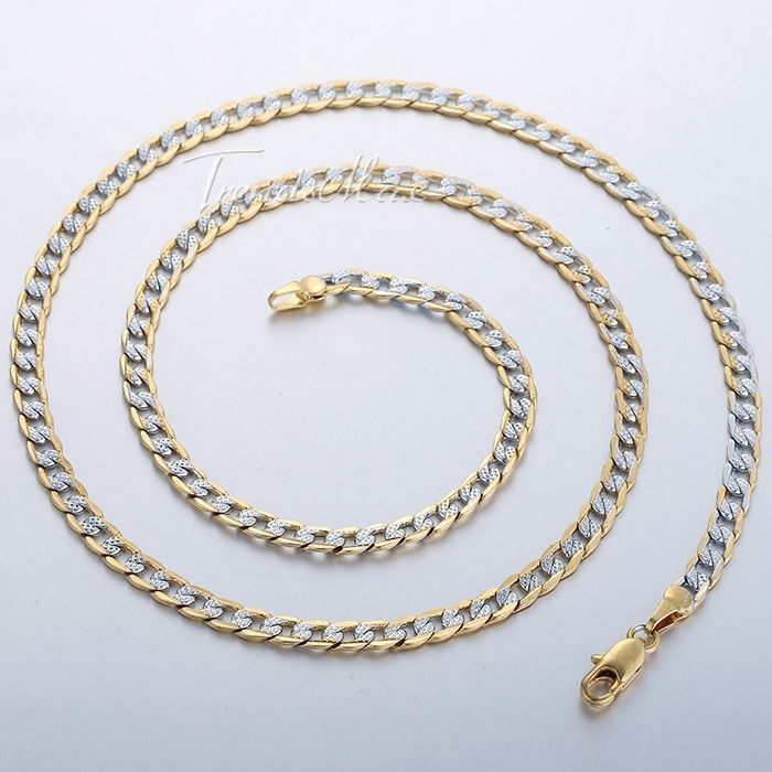 4mm Hammer Curb Cuban Chain Yellow&White Gold Filled Necklace Bracelet Mens Gift