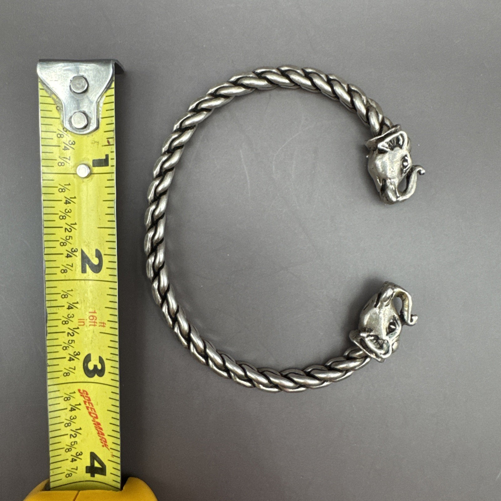Sterling Silver Elephant Head Cuff Bracelet Open Ended Braided Bangle 39 grams