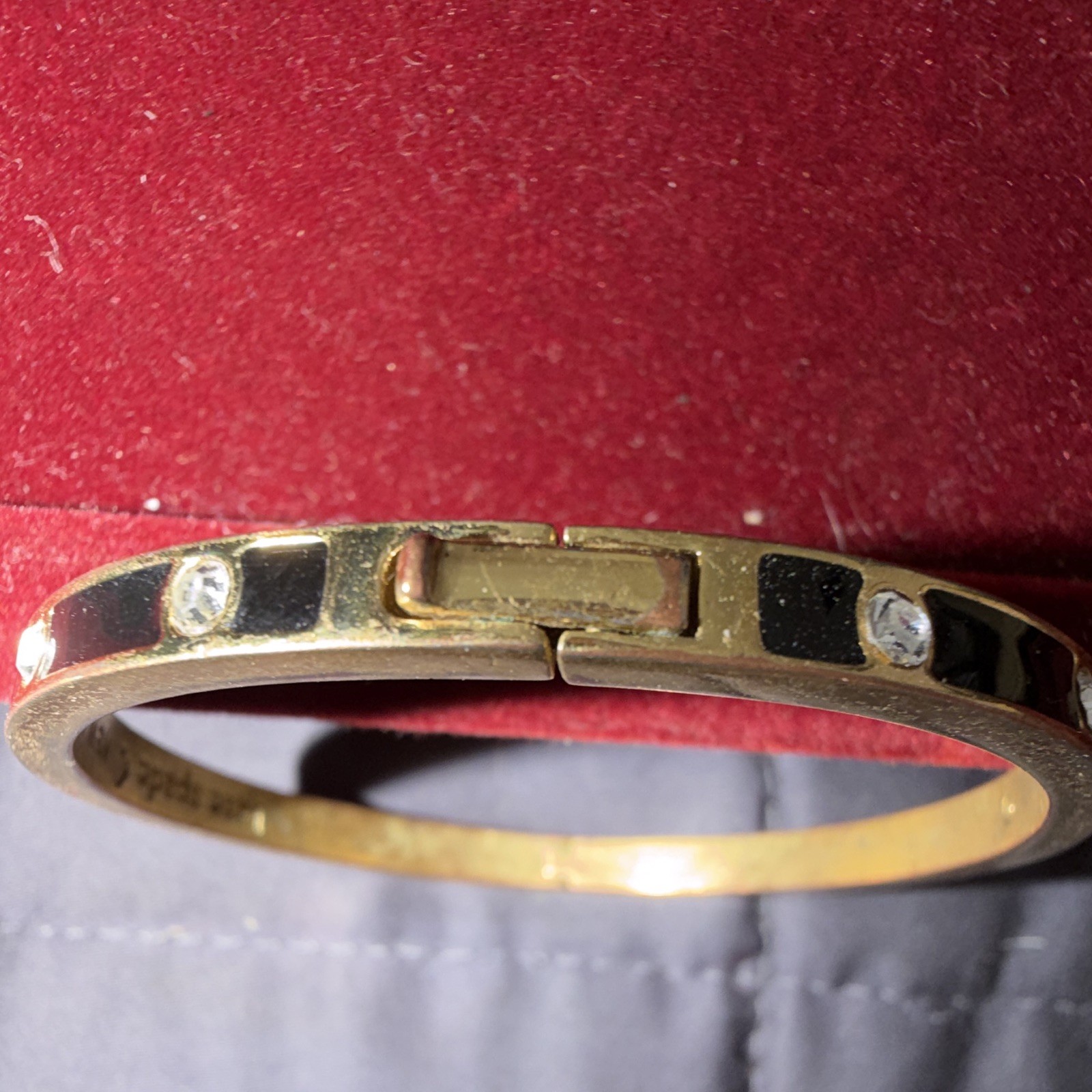 Kate Spade New York Signed Gold Tone Black Enamel Crystal Hinged Bangle