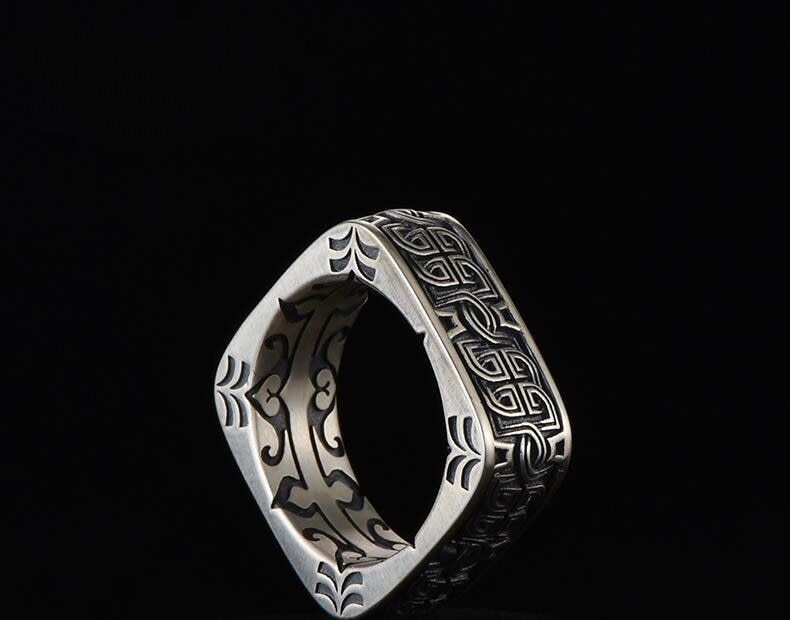 Men’s Ring Retro Square Round Pangu Trend Personality Domineering Handmade Ring