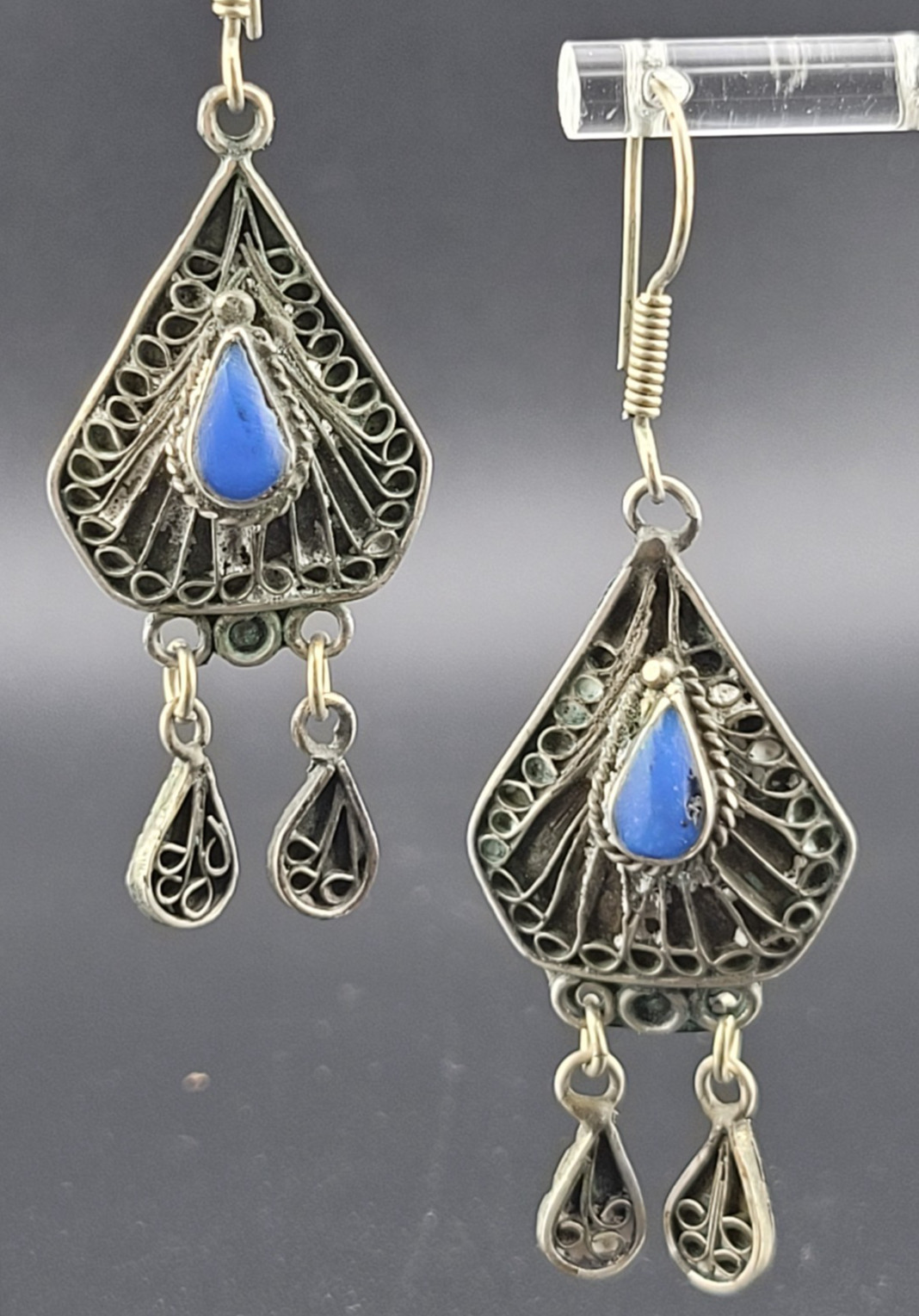 Vintage East India Blue Glass Stone Nickle Silver Chandelier Statement Earrings