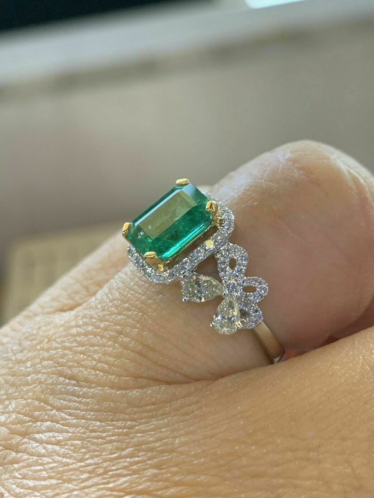 3.08 Ct Emerald Cut Natural Emerald Diamond Wedding Ring 14K White Gold Size 7