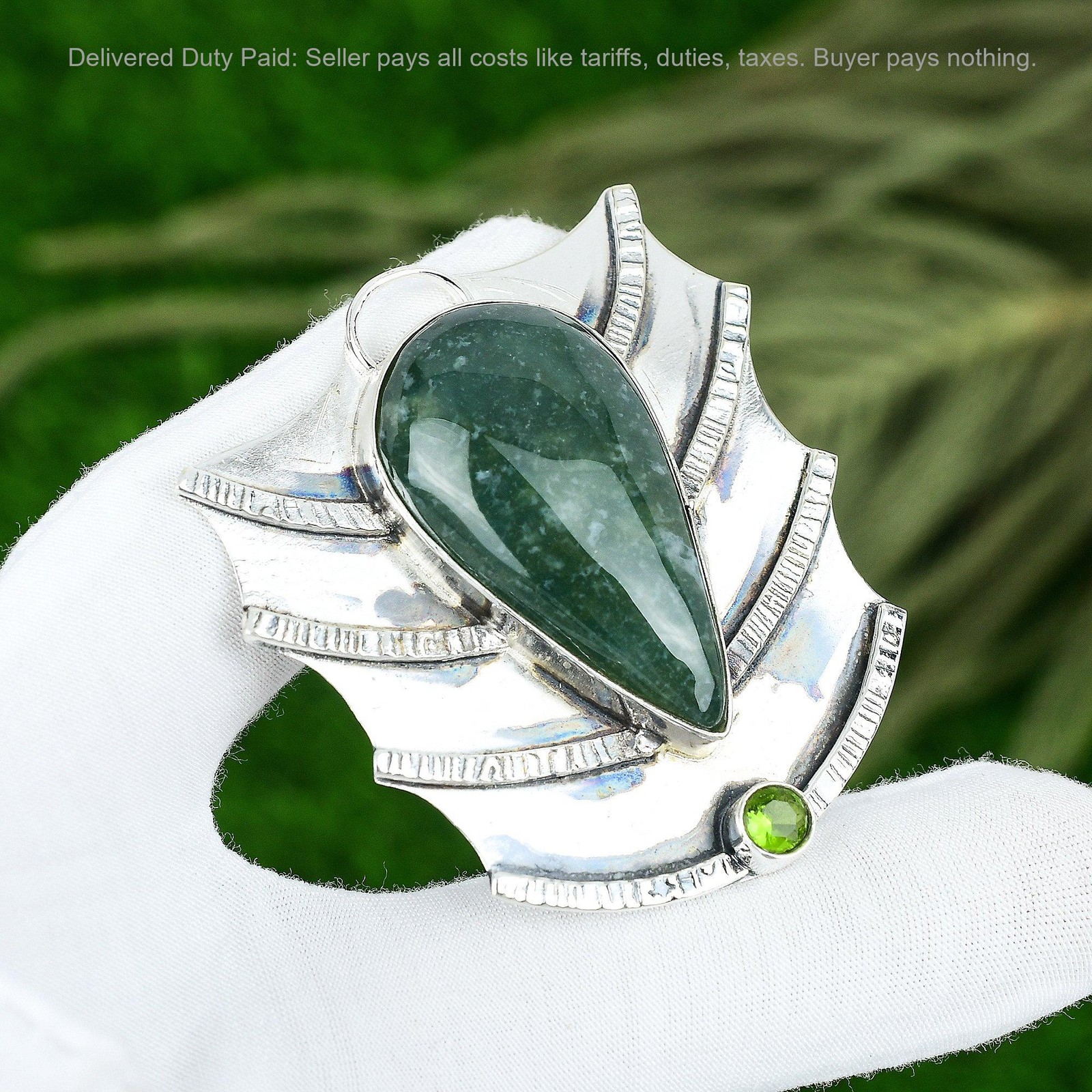Solar Moss Agate Gemstone Peridot Art Deco Daughter Pendant 925 Sterling Silver
