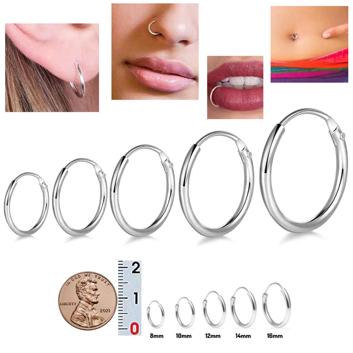 Adorable Mini Hoop Earrings Sterling Silver 925 One Pair 8mm 10mm 12mm 14mm 16mm