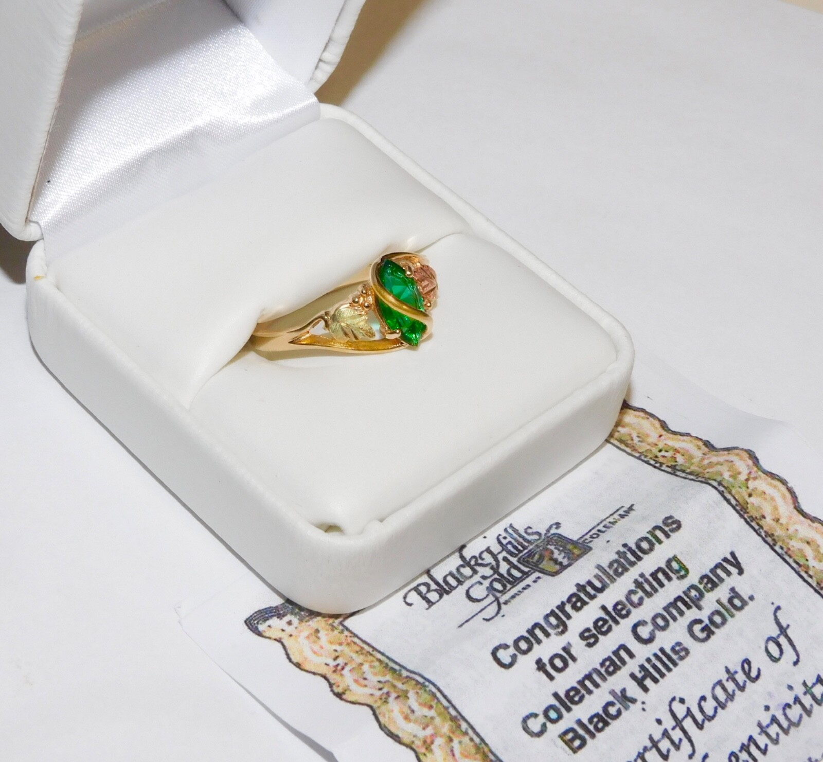 Black Hills Gold 10k Marquise Lab Created Emerald Leaves Ring Size 7