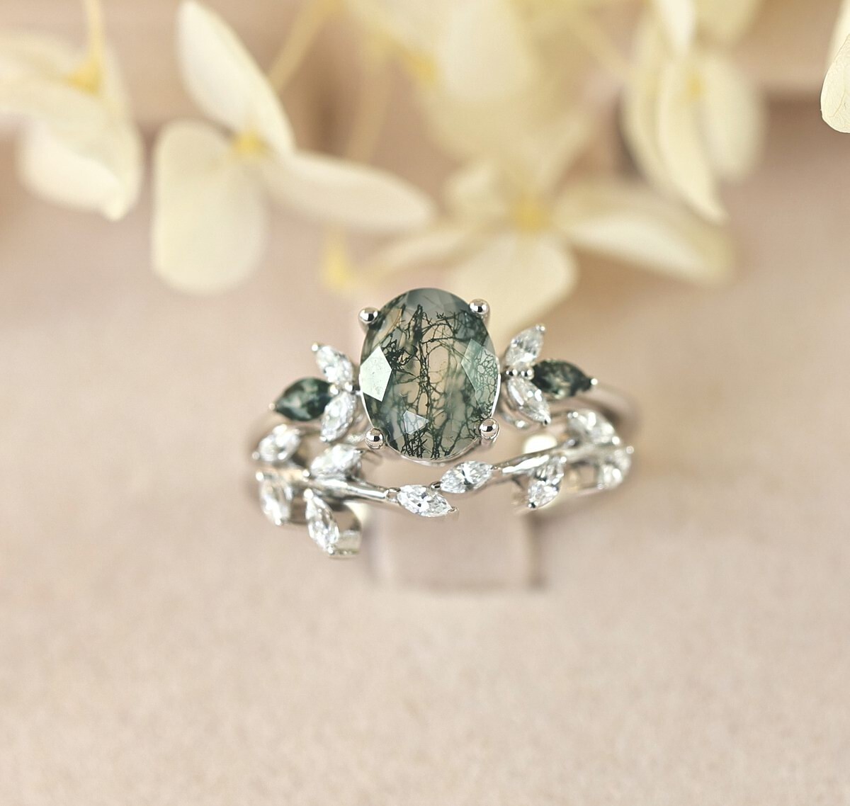 Floral Moss Agate Engagement Ring & Wedding Band Ring Set Sterling Silver S14275