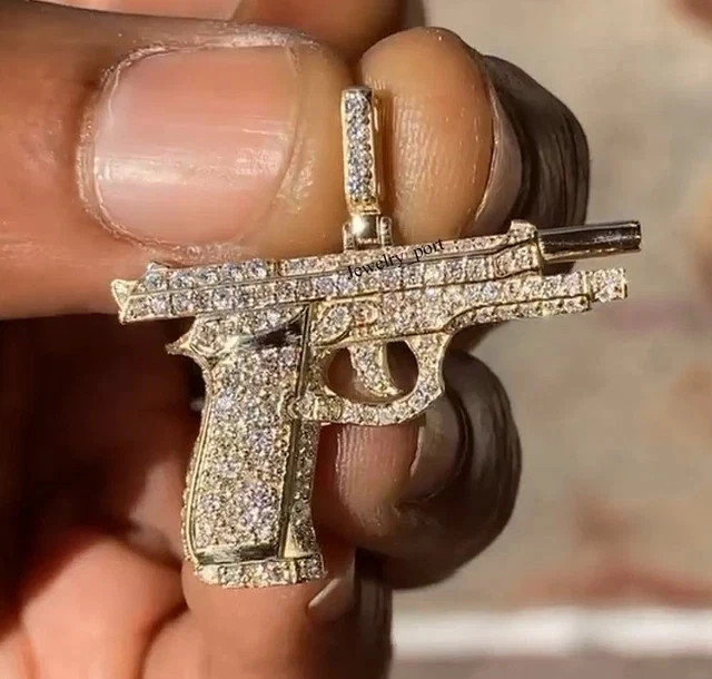 2.30Ct Round Cut Real Moissanite Gun Charm Pendant 14K Yellow Gold Plated