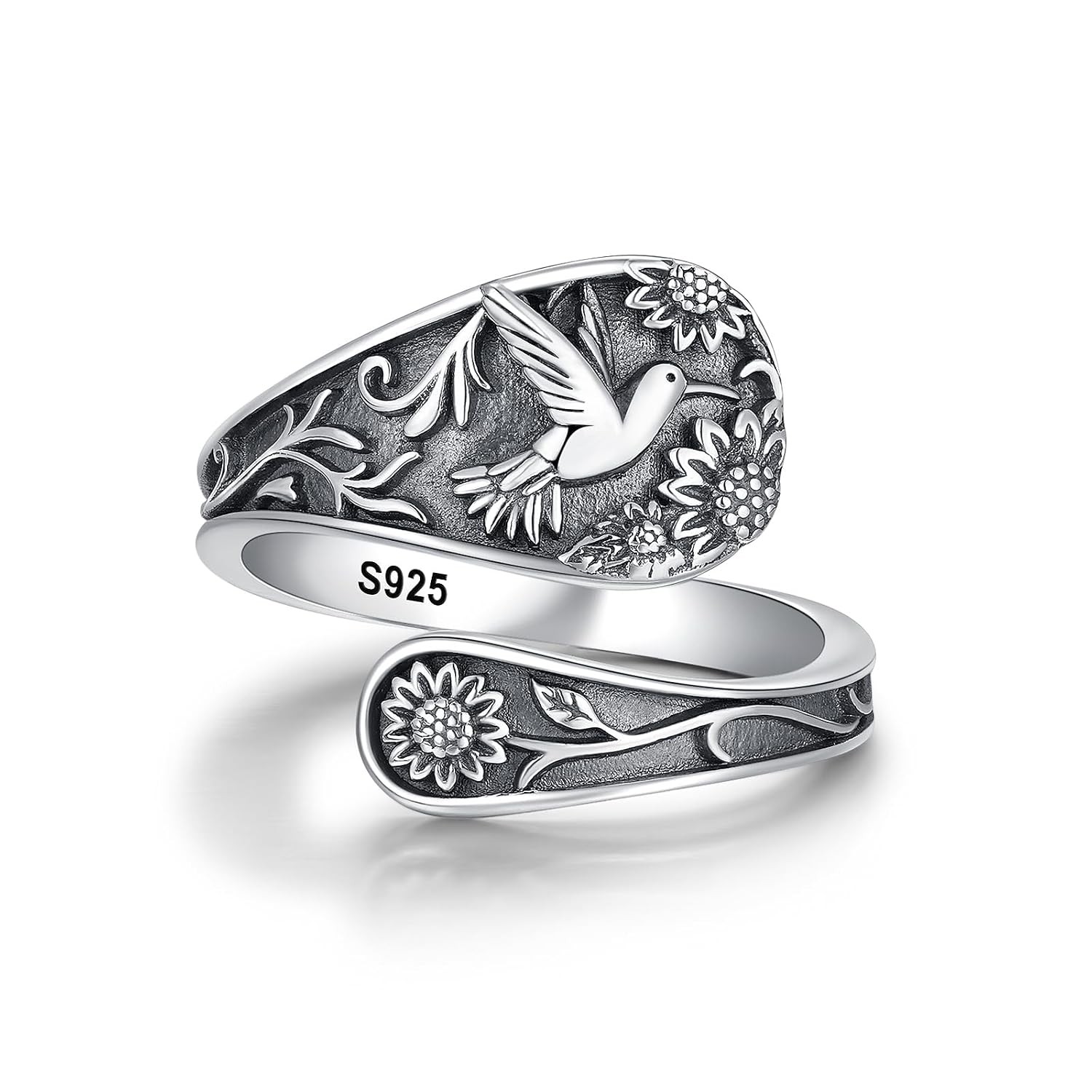 Sterling Silver Adjustable Hummingbird Spoon Ring Vintage Sunflower Size 9-11