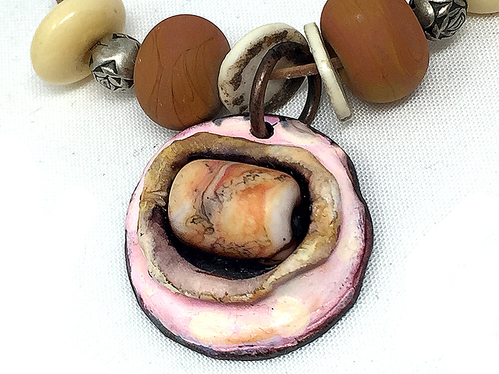 Rustic leather cord necklace BoHo Lampwork beads shell & bone beads