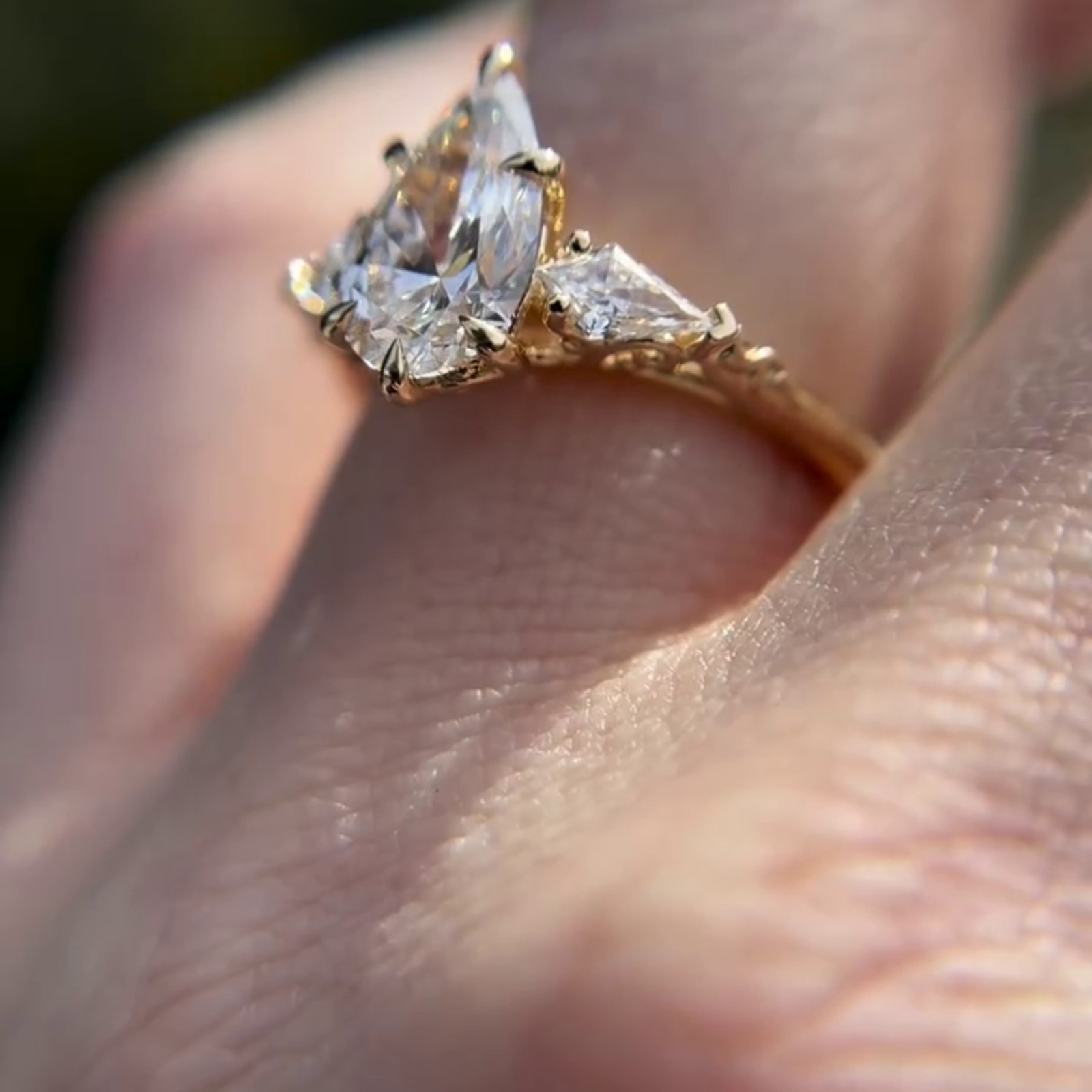 Floral 3 CT Pear Three Stone Moissanite Side Stone Kite 14K Yellow Gold Plated