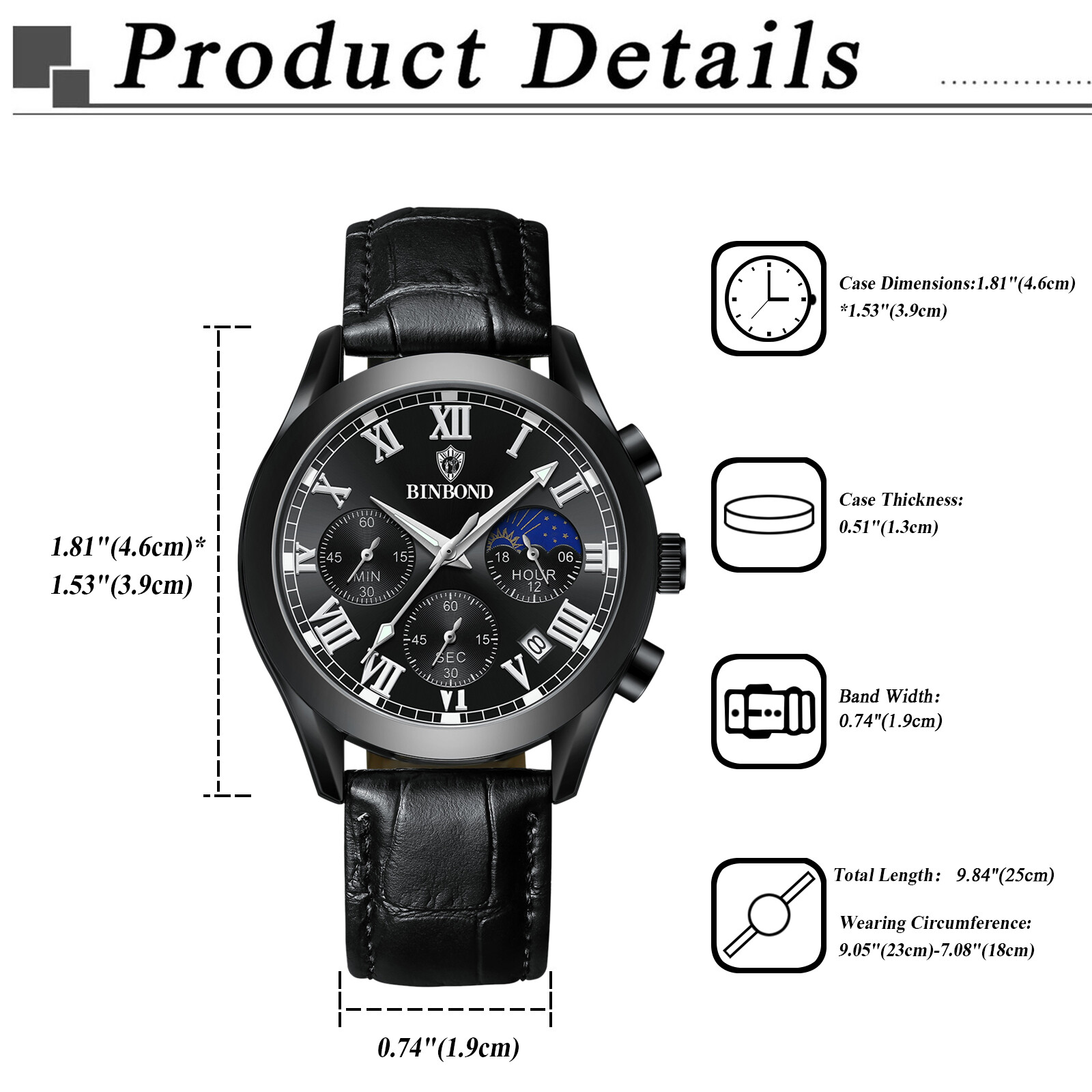 Men’s Waterproof Chronograph Dial Leather Band Causal Analog Quartz Date Watch