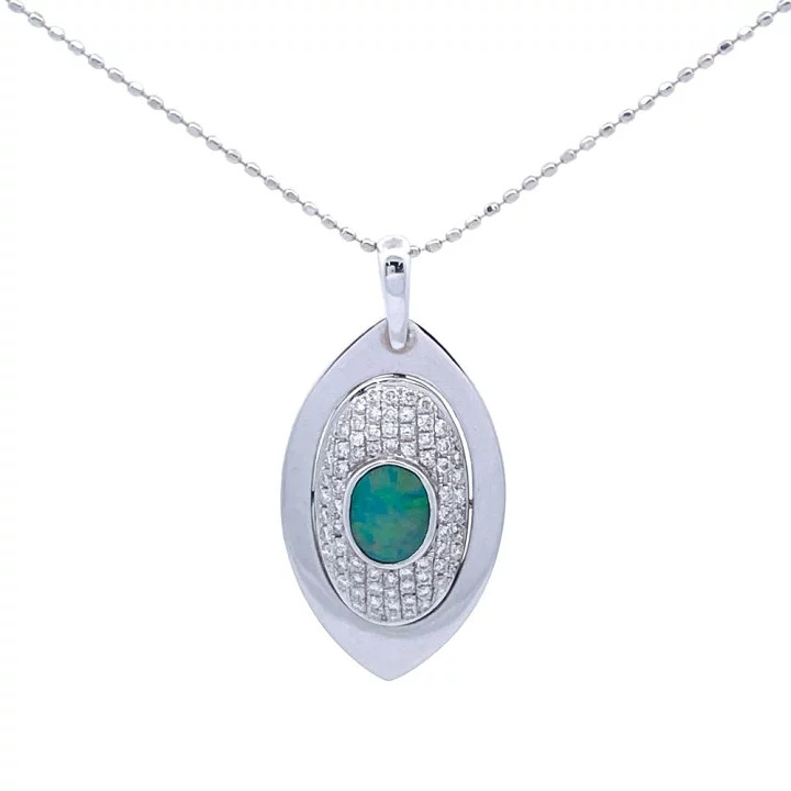 18K White Gold K18WG 0.5ct Opal 0.27ct Diamond Pendant Necklace 4.3g Womens
