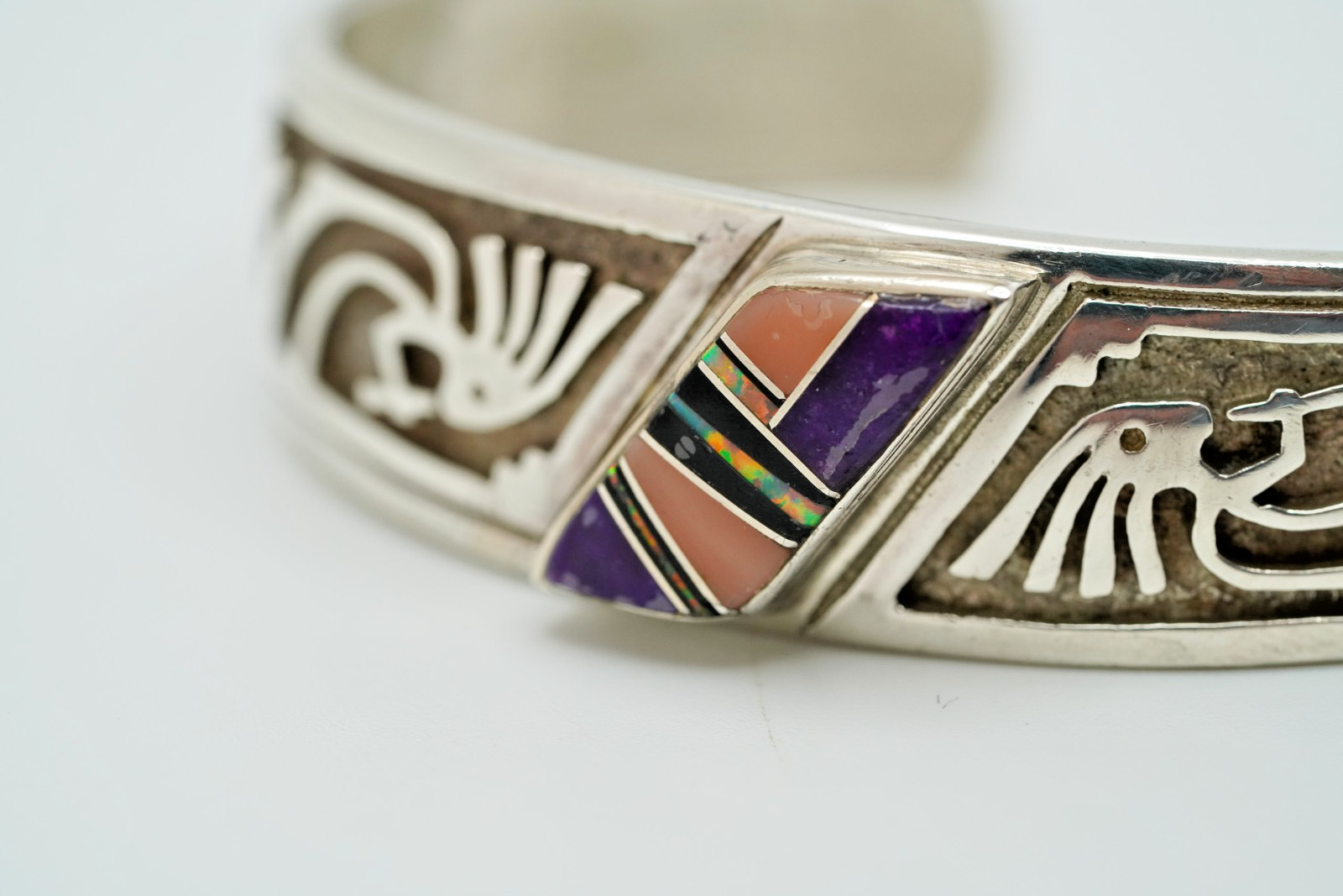 Vintage Navajo Ervin Hoskie Sterling Silver Opal Kokopelli Cuff 2 1/8″ JB33