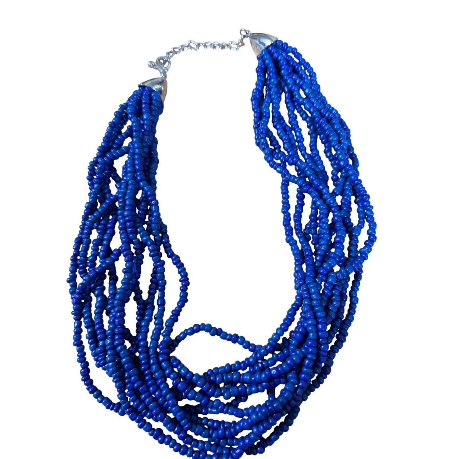 Cobalt Blue Multi Strand Seed Bead Statement Necklace Silver Tone Clasp