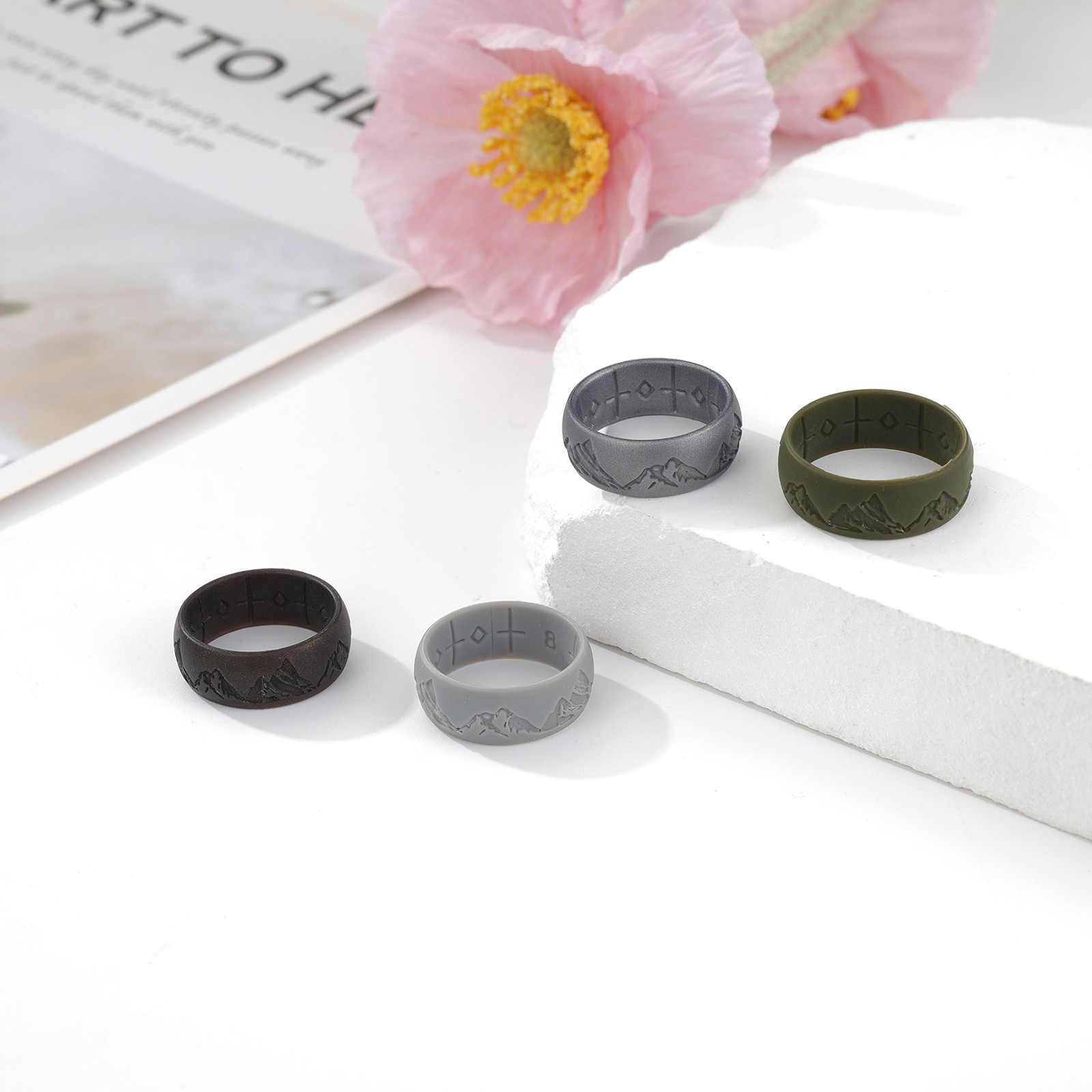 4 Pack Men’s Silicone Wedding Ring Mountain Pattern Sports Rubber Band Size 8-12