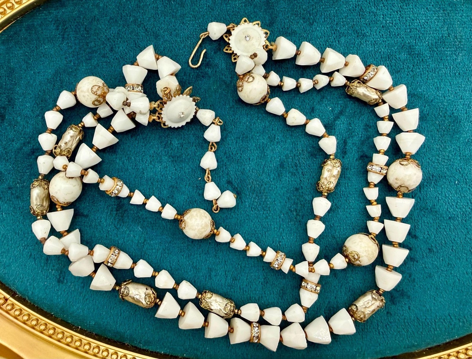 Vintage Milk Glass Multi Strand Necklace with Faux Pearls, Rhinestones (1940s-19