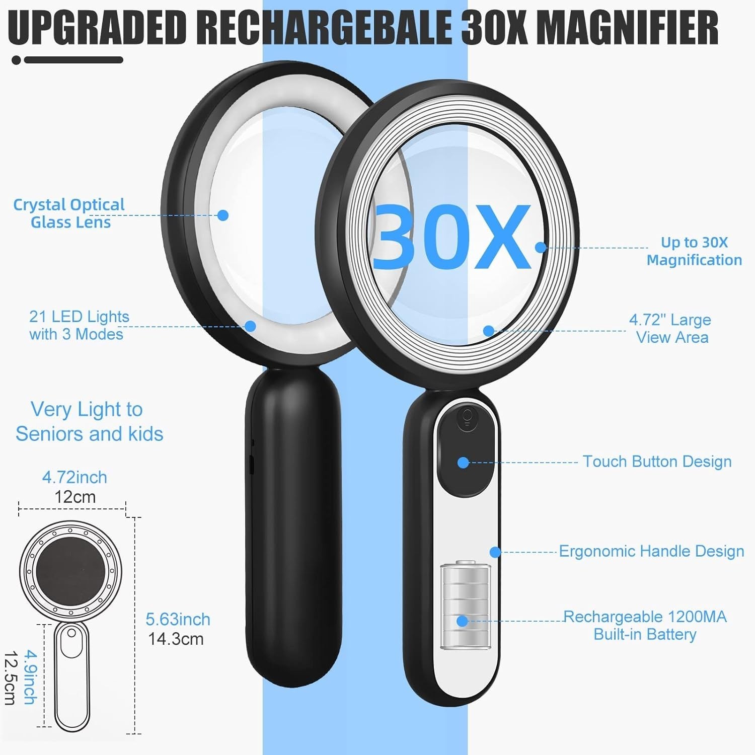Rechargeable Magnifying Glass with Light, 30X 4.7IN Handheld Large Lightweigh…