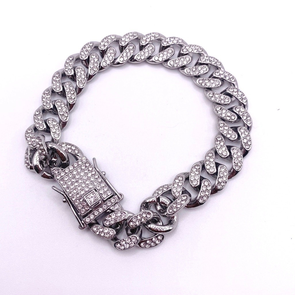 Silver Tone Cuban Link Full Rhinestones Pave Alloy Bracelet