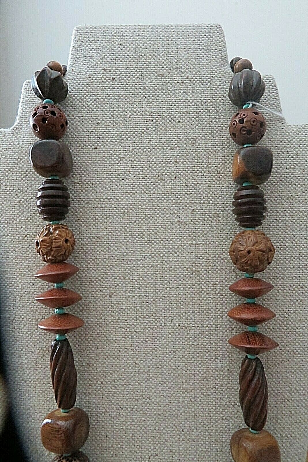 TURQUOISE & Wood ARTISAN 23.5″, 60 cm. Handmade Beaded Necklace, Original, New