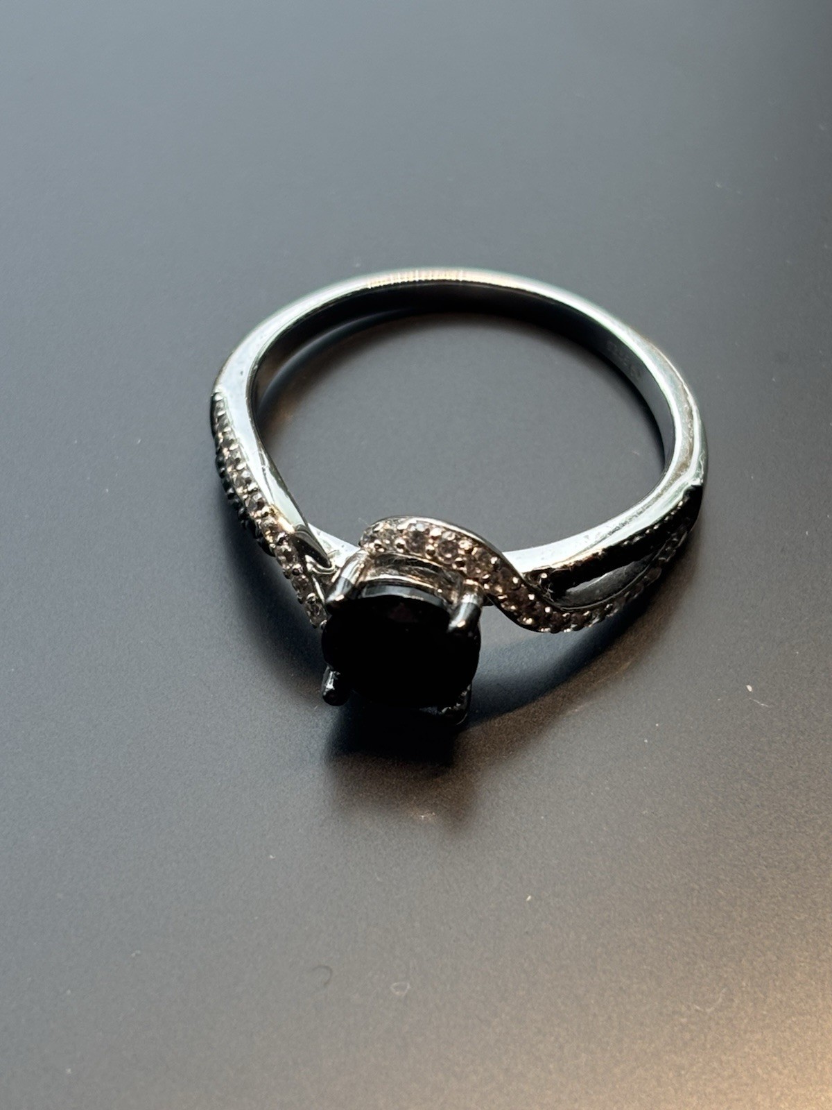 Silver Tone Black Onyx Round Prong Set Swirl Ring Sim Diamond Accents Sz 10