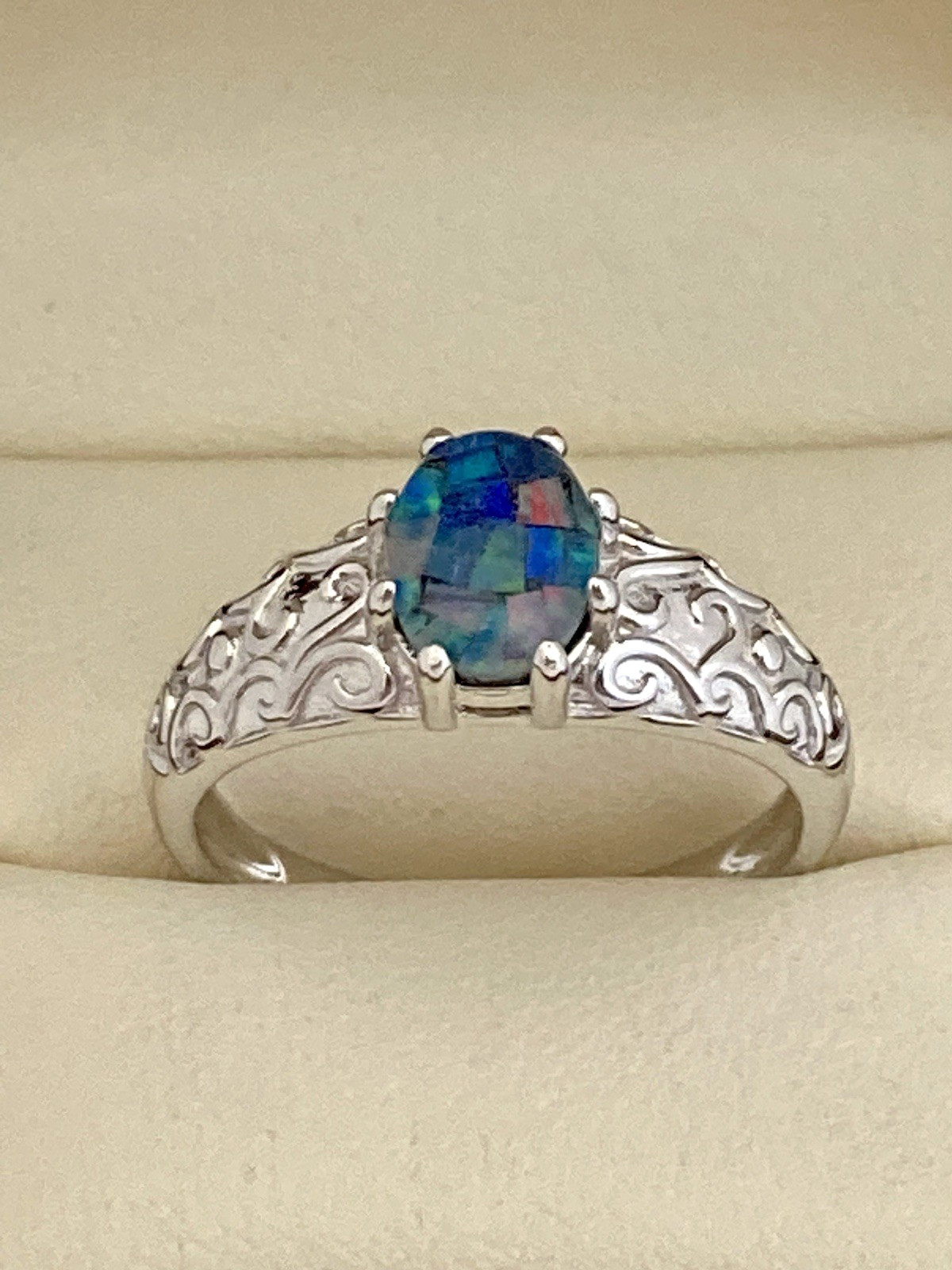 Gemporia Sterling Silver Mosaic Opal Ring Size P 1/2
