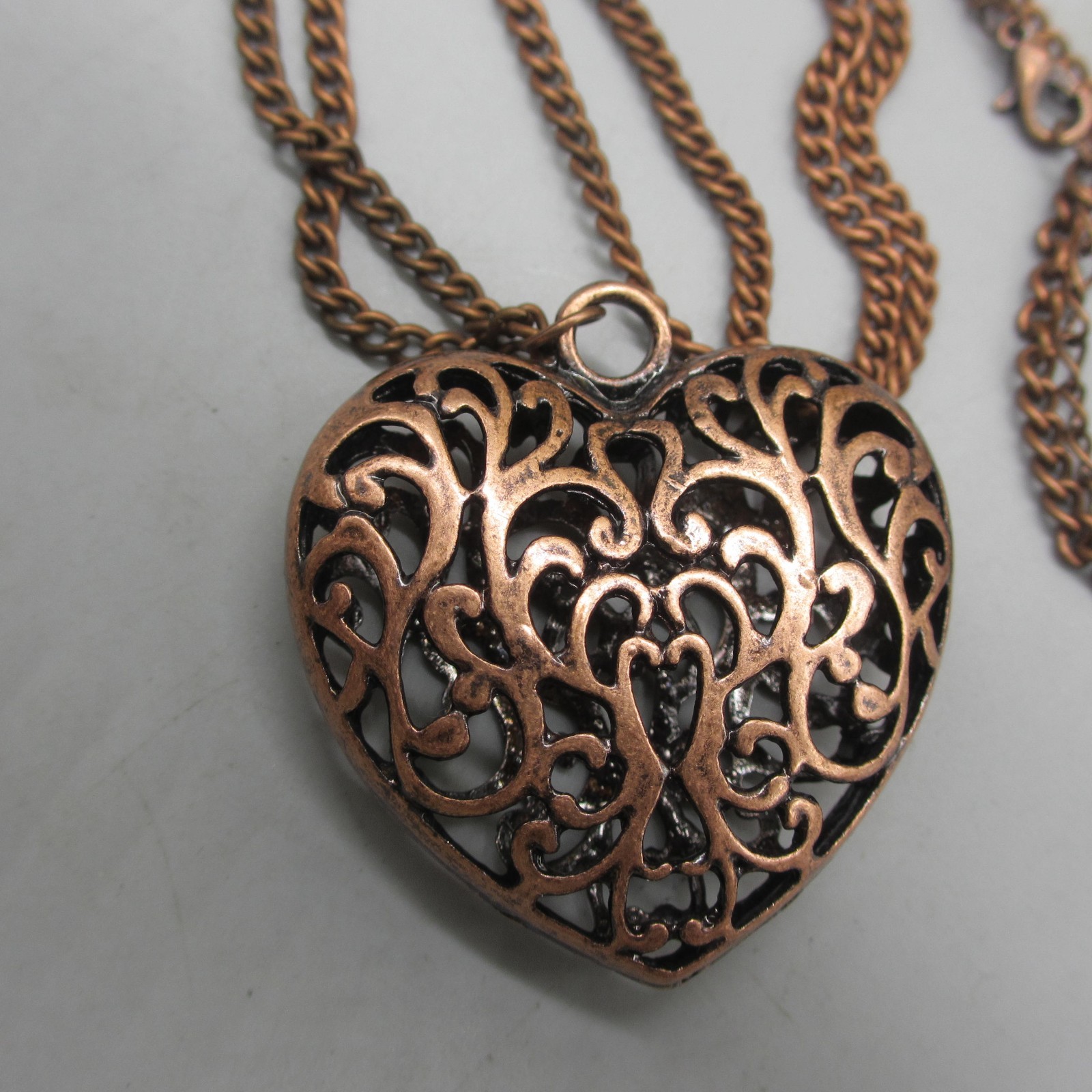 Vintage Copper Necklace Heart Pendant Scrollwork Opera 38 Inch