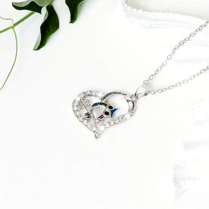 “NEVER GIVE UP” Hollow Heart-Shaped Owl Zircon Pendant Necklace Jewelry Fashion