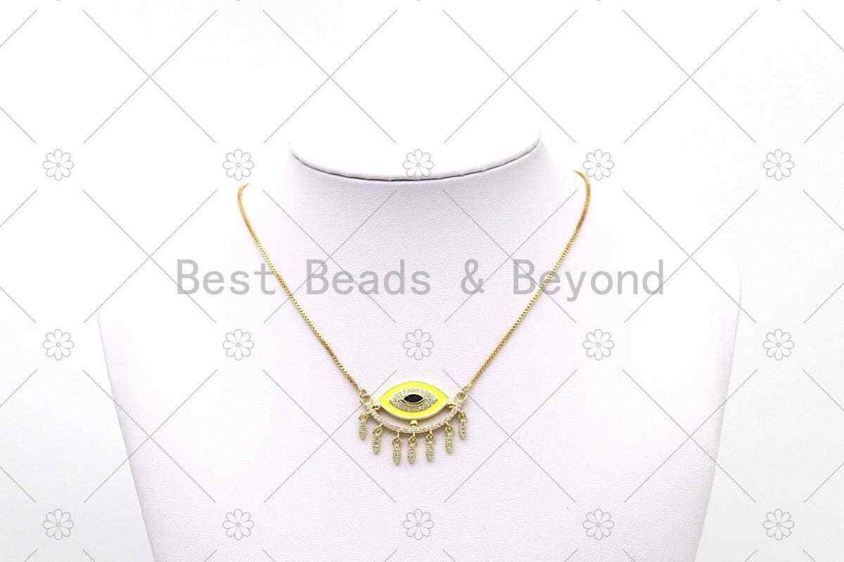 CZ Micro Pave Enamel Colorful Evil Eye With Teardrop Shape Pendant, 18K Gold