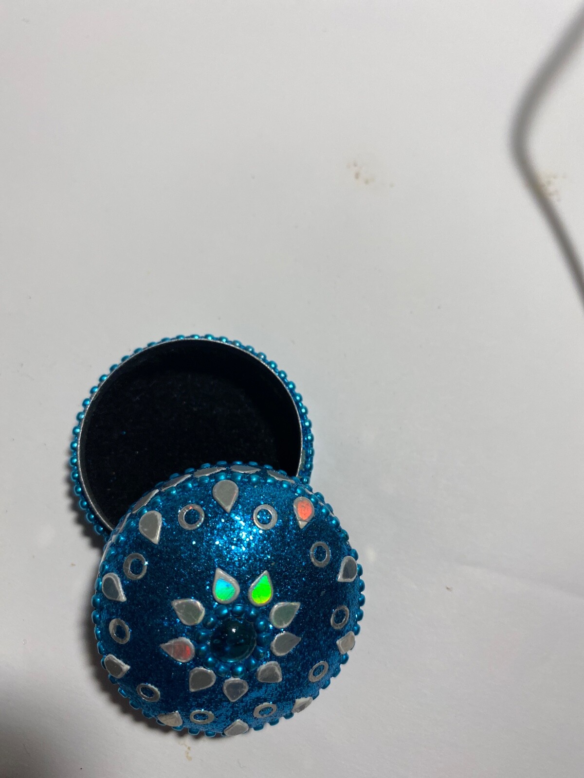 TURQUOISE BLUE Sparkling Ornate Trinket Box Round Jewelry Small Items By DM NEW!