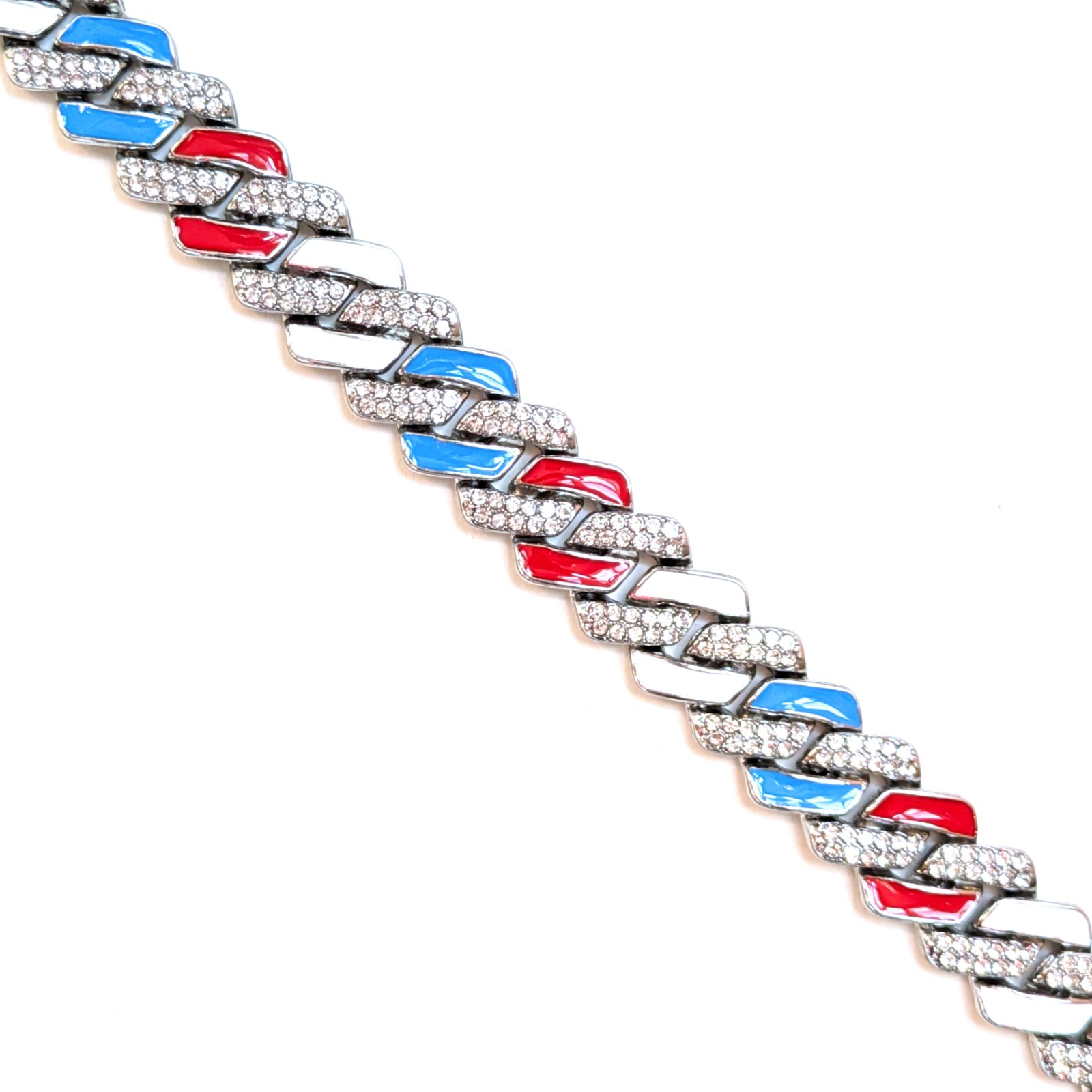 Silver, Red White & Blue Iced-Out Tilted Cuban Link Chain Gem Necklace (20″-28″)