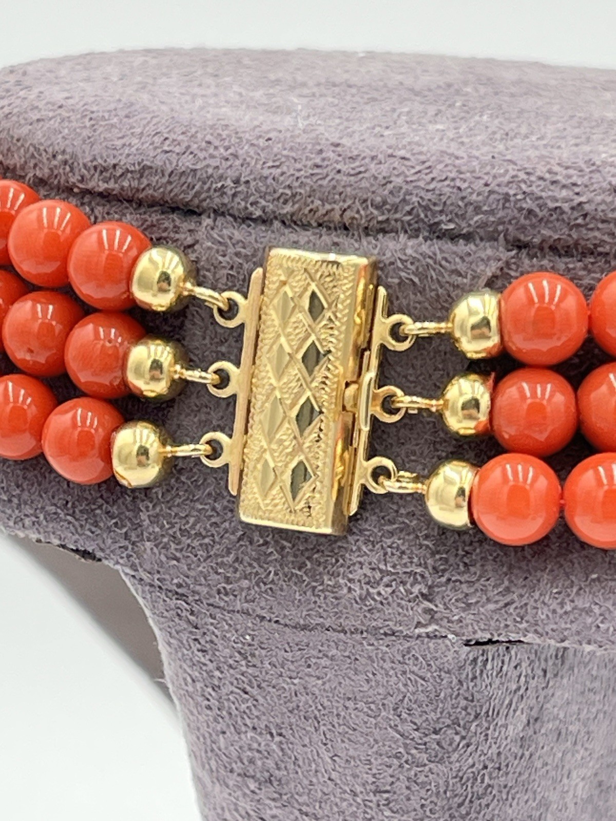 Natural Mediterranean Red Coral 3 Strand Necklace 7mm 18Kt Gold Made in Italy