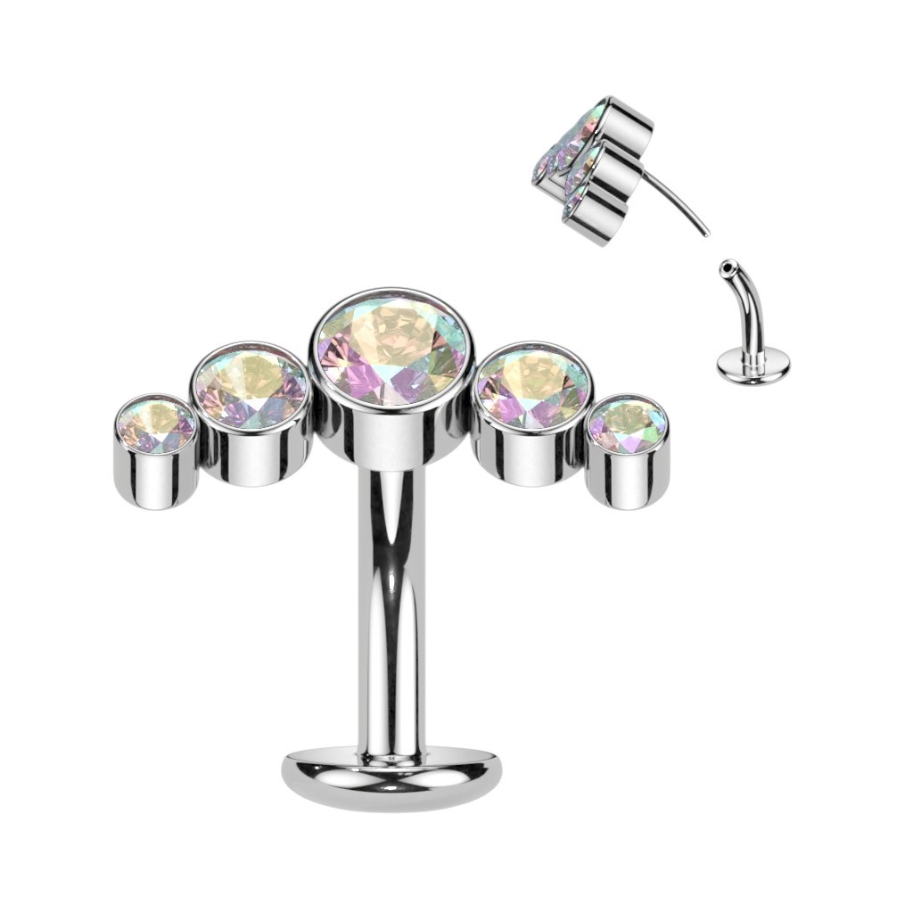 Titanium Threadless Floating Belly Button Ring With 5 Round Bezel CZ