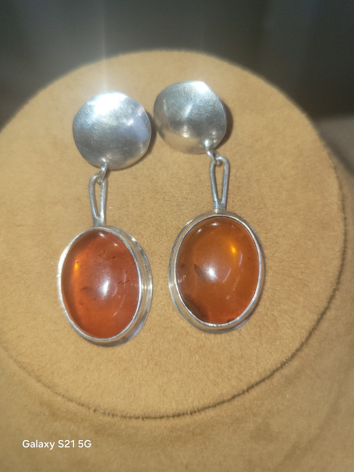 Susan Cummings 2″ Pierced Earrings Modern Silver & Amber McClure’s Nashville Tn