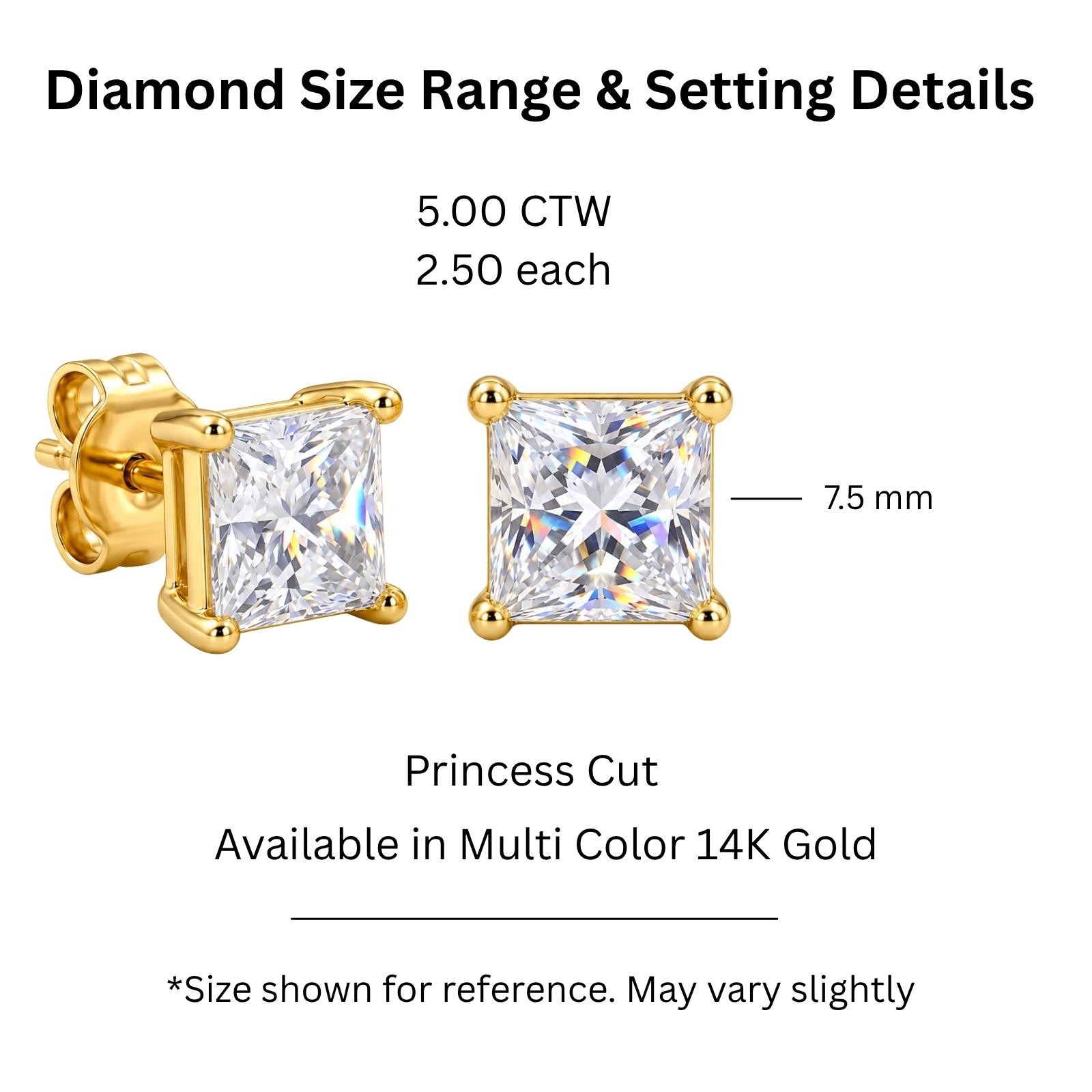 5.00ctw Princess Cut F/VS+ Lab Grown Diamond Solitaire Stud Earrings 14K Gold